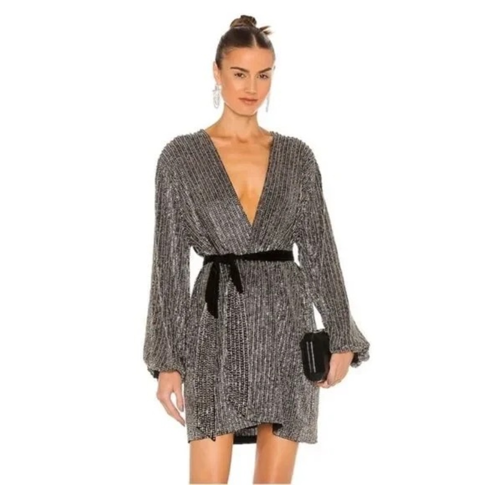 retrofete Gabrielle Velvet-trimmed Beaded Chiffon Mini Wrap Dress - Black